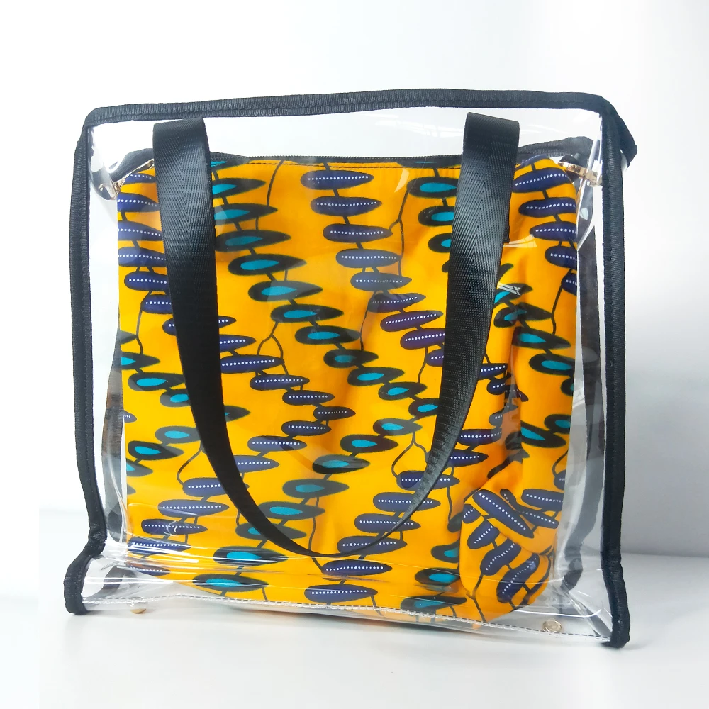

Hot selling PVC tote bag with zipper clear bag african fabric wax print pvc duffle bag women travel Accessory, Customized color
