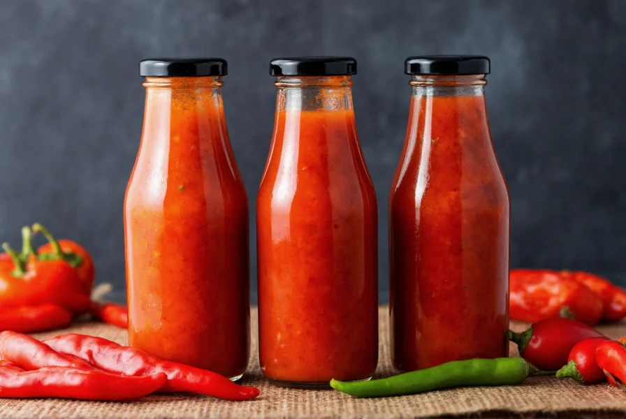 Three different homemade chili sauce variations in glass bottles with fresh ingredients displayed around them