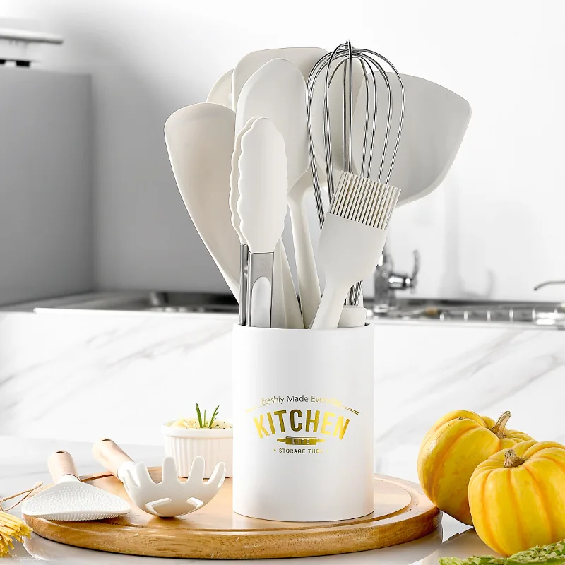 

kitchenware supplier non stick 12 pcs wooden handle white silicone kitchen cooking utensils set