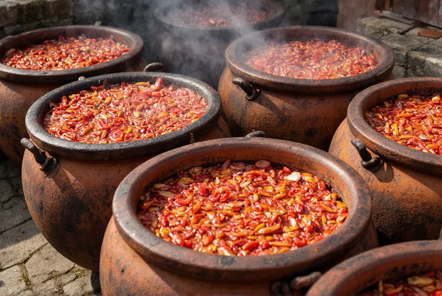 Traditional Korean onggi pots containing gochujang fermenting outdoors