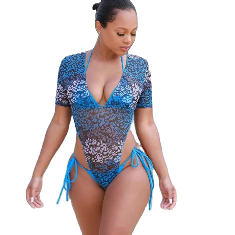 

2021 new short-sleeved swimsuit mesh lace-up three-piece sexy bikini