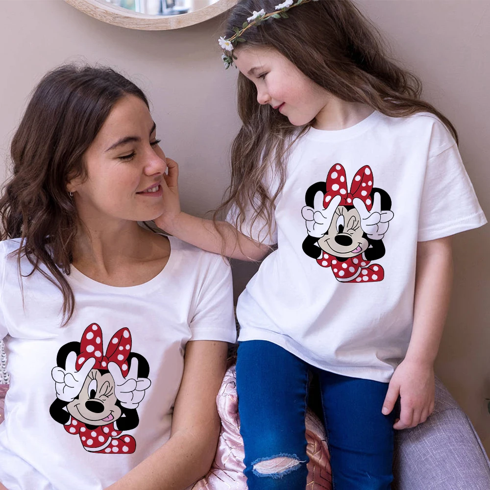 

Women T Shirt Minnie Mouse Print cute T-shirt Casual White Short Sleeve Baby Girls Tops Summer hot sale Family Matching Clothes