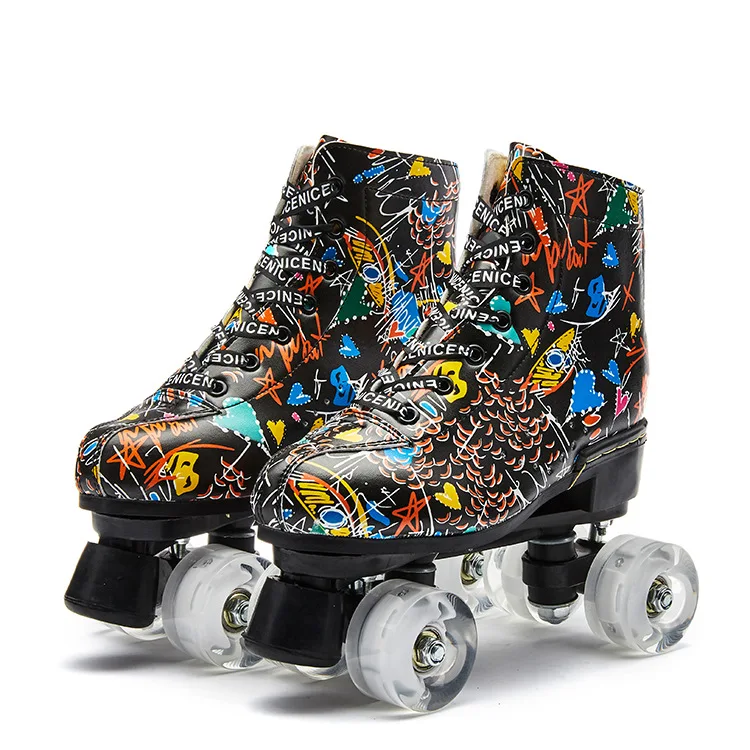 

Hot Sale High Quality PU Leather Two-Row Glitter Flashing Quad Roller Skates Unisex for Woman And Man, Black pink blue