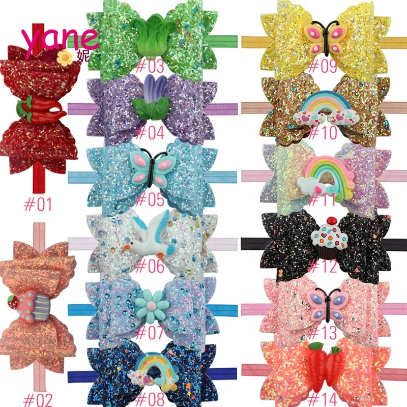 

Wholesale newborn baby glitter bow elastic headbands with bow plain headband