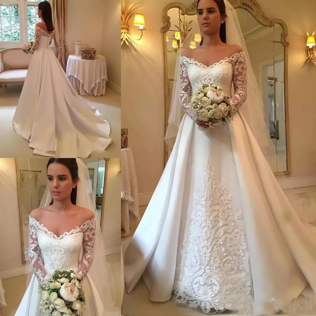 

White Lace Long Sleeve V Neck LIne Mermaid wedding dress gown crystal
