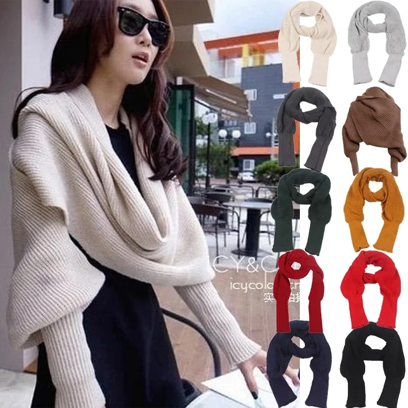 220*40cm Winter Women Soft Warm Knitted Solid Sweater Scarf With Sleeve Wrap Shawl Scarves