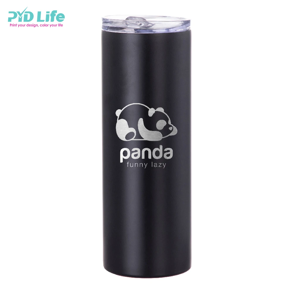 

New Arrival Powder Coated Engraved Skinny Tumbler 20oz Stainless Steel Double Wall Black With Straw, Silver/white