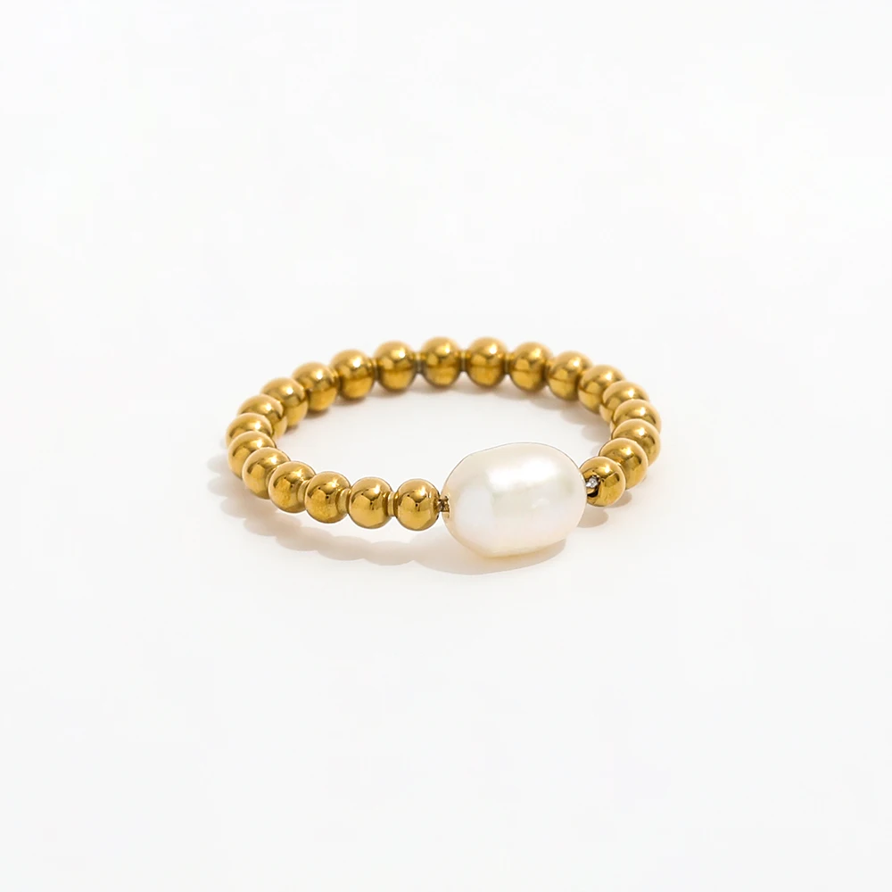 High End 18K Gold Plated One Pearl Bead Rings Stainless Steel Fashion Jewelry Trendy Finger Ring