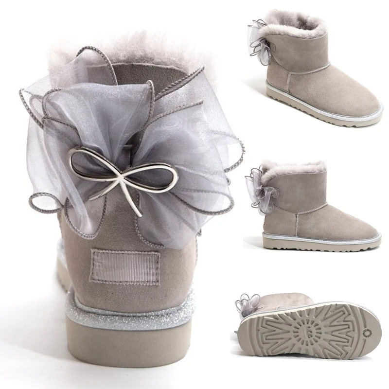 

Customizable Fashion Fairy Bow-knot Snow Boots Winter Warm Genuine Wool Shoes Girls 100% Australian Sheepskin for Women Ladies