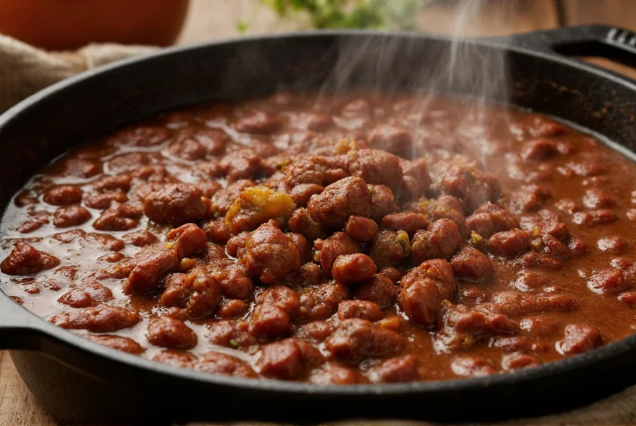 Close-up of dark brown Texas-style beef chili in cast iron pot with steam rising