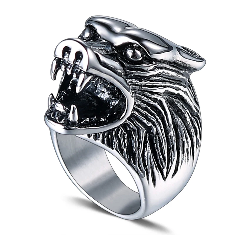 

Domineering Totem Powerful Wolf Head animal Stainless Steel Black Silver Men's Bands ring men custom biker ring