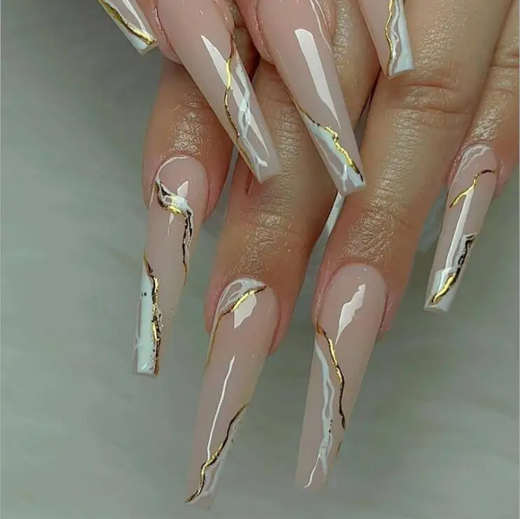

24 pcs Small White Box Long T-shaped Ballet False Nail Tips Glitter Nail Art Detachable Wearable Fake Nails with Glue, Multiple colour