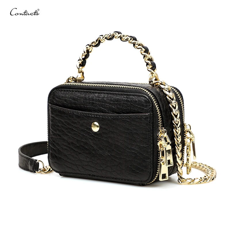 

Contact's Women Black Purse Double Zipper Clutch Small Crossbody Sheepskin Leather Shoulder Bag with Leather Metal Chain Strap