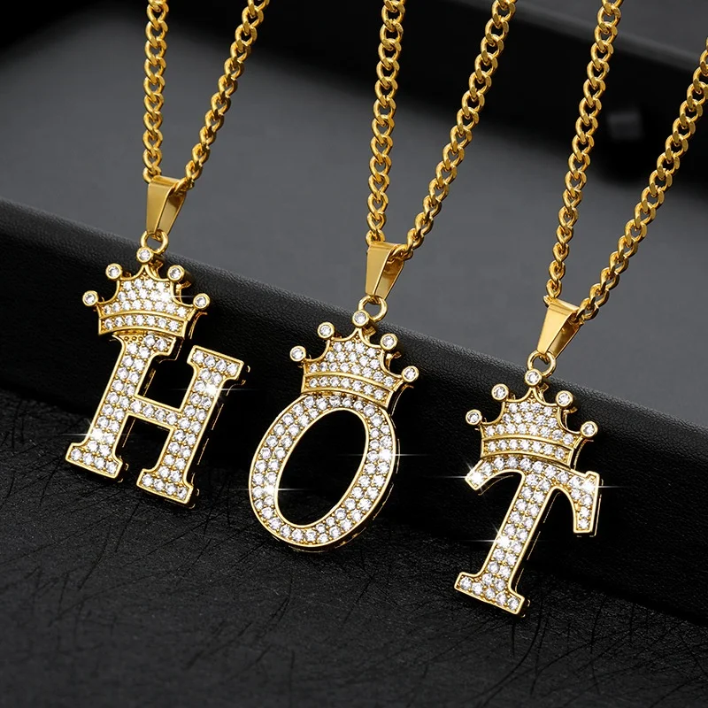 

Custom Crown Diamond Letter Pendant Necklace Hip Hop Crystal Zircon Alphabet Pendant Necklaces For Unisex, Picture shows