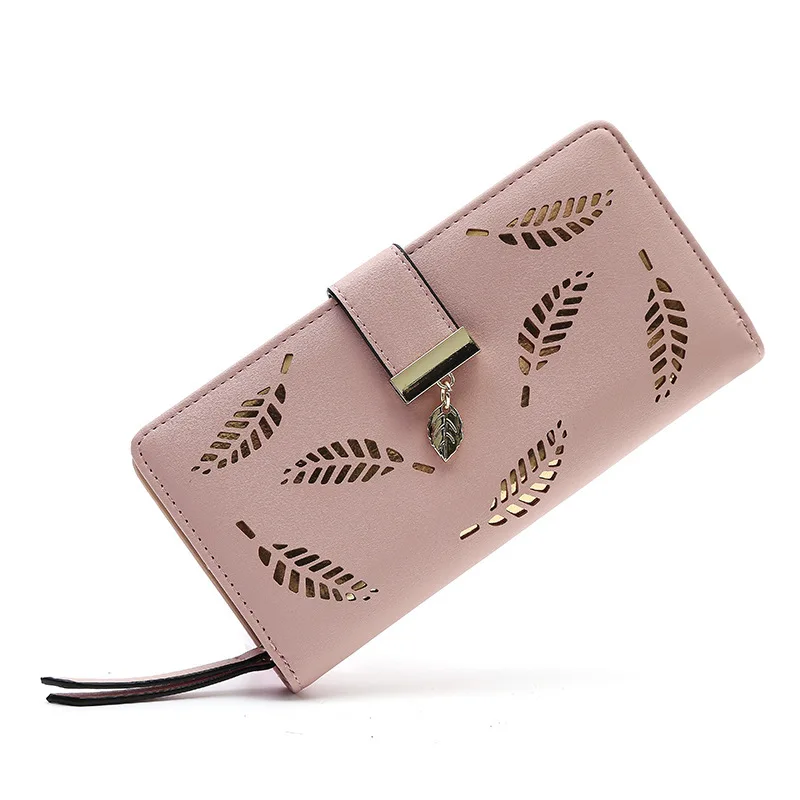 

2021 new fashion ladies PU leather zipper leaf hollow soft hand wallet women card bag wallet, 5colors