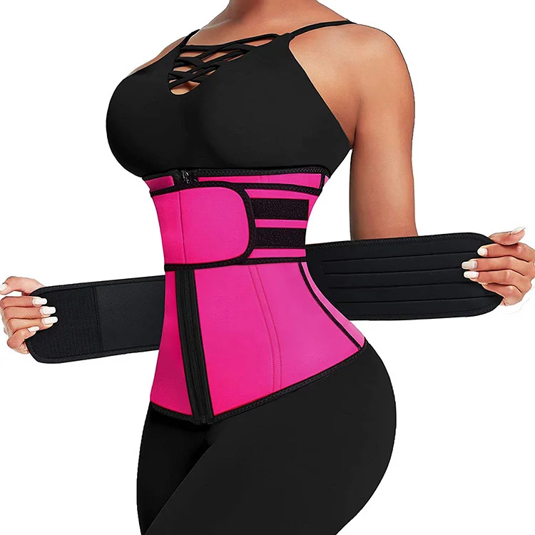 

Custom Logo Pink Compression Elasticity Workout Girdle Women Double Belt Sauna Sweat Neoprene Waist Trainer