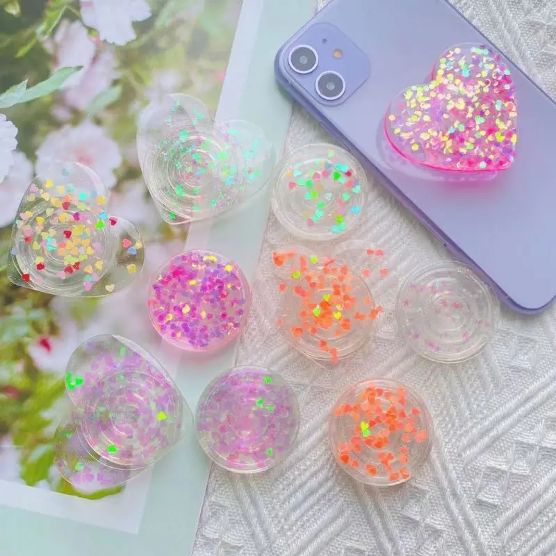 

Factory Price Glitter Stand Heart Shape Dropping Glue Clear Mobile Phone HolderGlitter Phone Grip Tok And Phone Socket