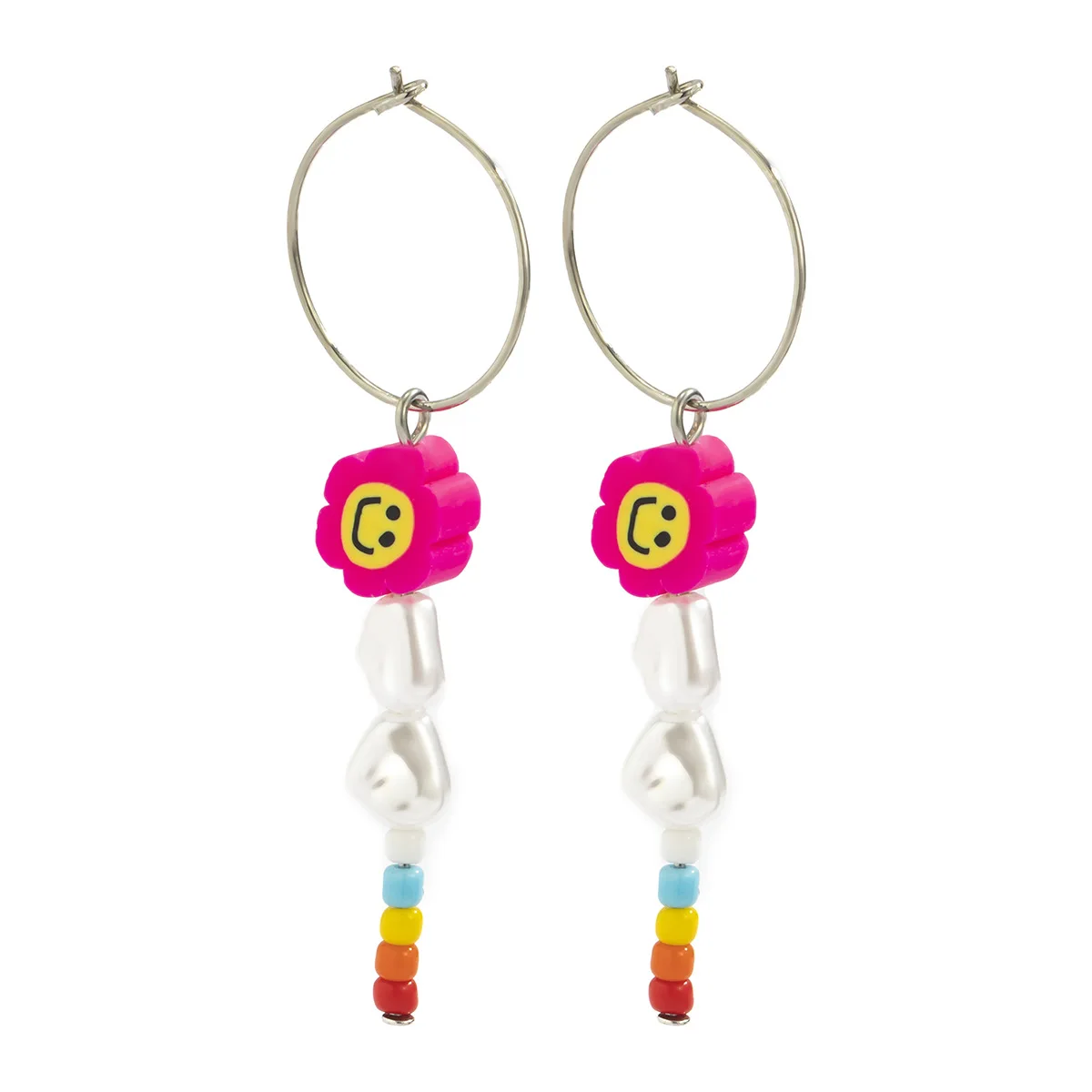 

Simple Rice Beads Beaded Long Drop Earrings Pink Soft Pottery Smiley Color Acrylic Pearl Pendant Earrings Women, Multicolor
