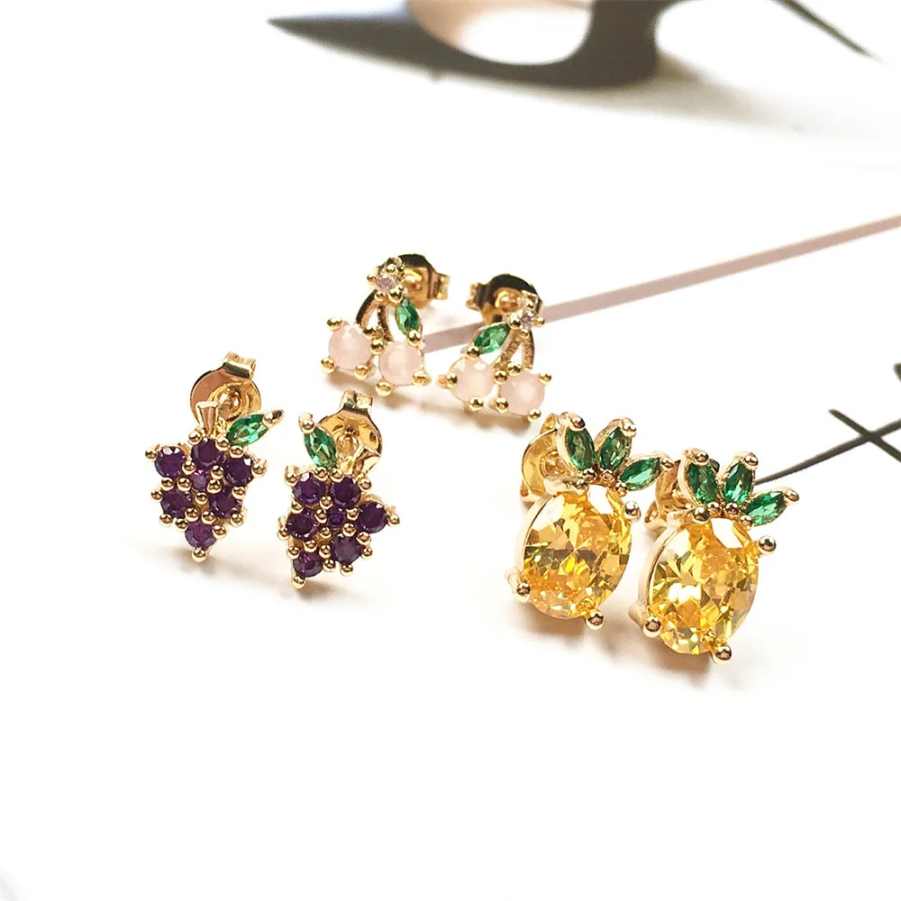 

Fashion Trendy CZ Zircon Fruit Litchi Grape Earring Simple Cute Gold Plated Cubic Zirconia Pineapple Earrings For Girls