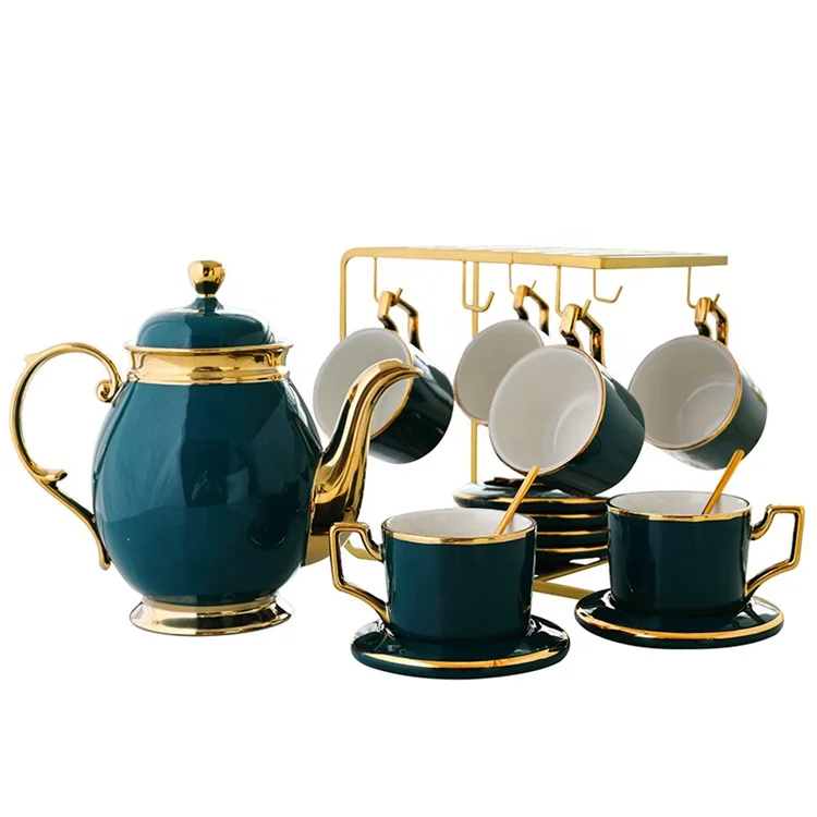 Source Hot Sale Luxury Nordic Green Color Gilding Kitchen Accessories  Ceramic Coffee Tea Sets on m.