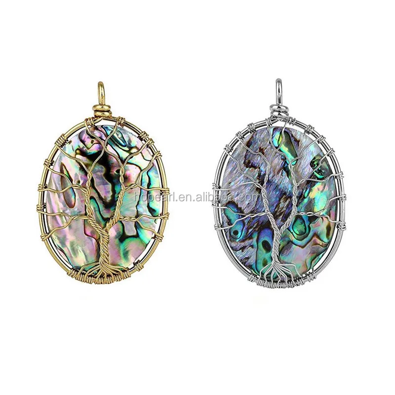 

SPD207 Tree of Life Gemstone Jewelry Oval Cabochon Natural Abalone Paua Shell Pendant