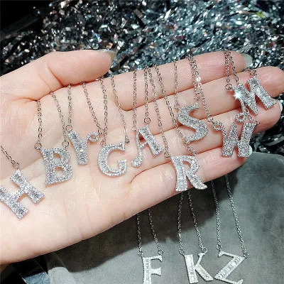 

Hot Sale Bling Bling Cubic Zirconia Crystal Alphabet Necklace White Gold Plated Iced CZ Zircon Letter Pendant Necklace For Women