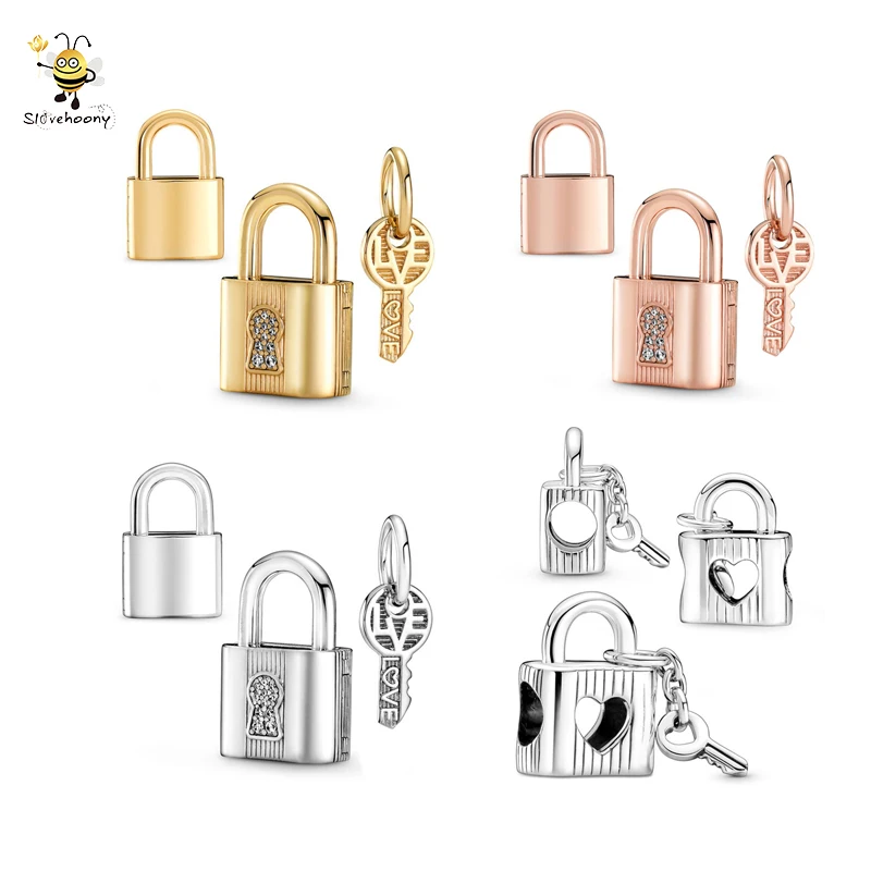 

Valentine's Day 925 Sterling Silver Fine Jewelry 18K Rose Padlock & Key Pendants Dangle Charms For Chain Necklace