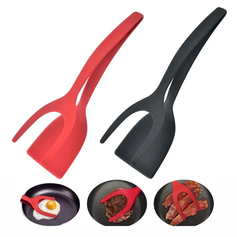 Bread Clamp Barbecue Shovel Tongs Non-Stick Grip Silicone Fried Egg Turner Double Spatula Food Clip 2 in 1 Grip Flip Tongs