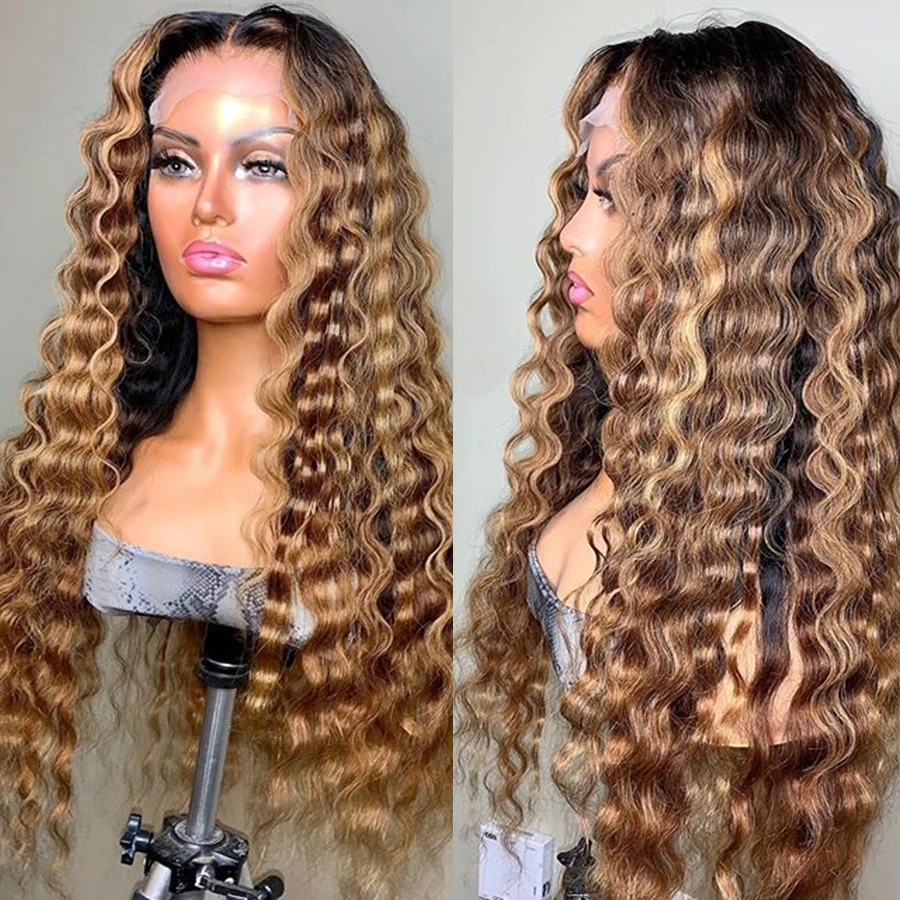 

Long Deep Wave Highlight Lace Front Human Hair Wigs with Baby Hair Brazilian Lace Wig for Women Natural Hairline Bleach Knots, Natural color lace wig