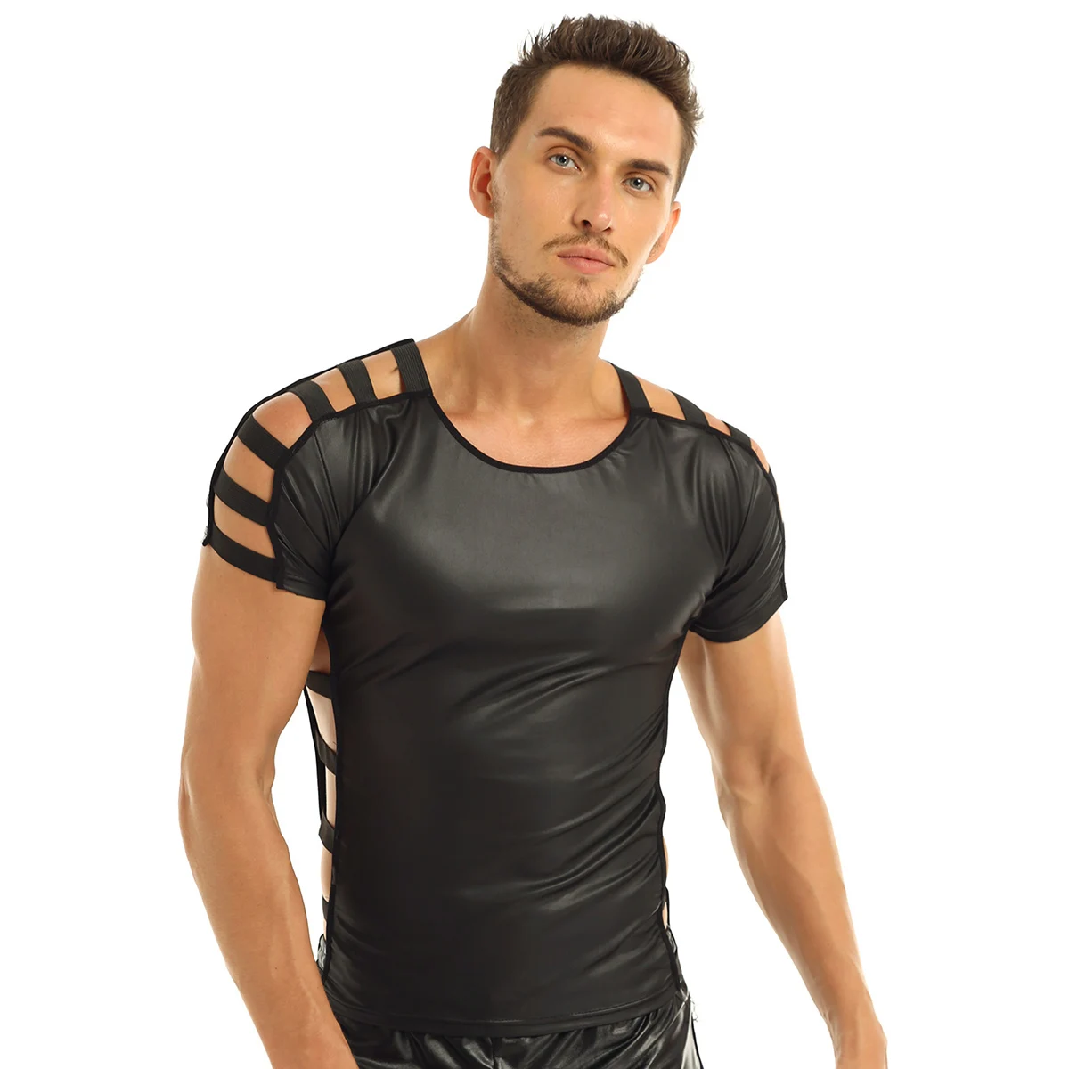 

iEFiEL Mens Faux Leather T-Shirts Short Sleeve Round Neck Pullover Muscle T-shirt Tops Clubwear