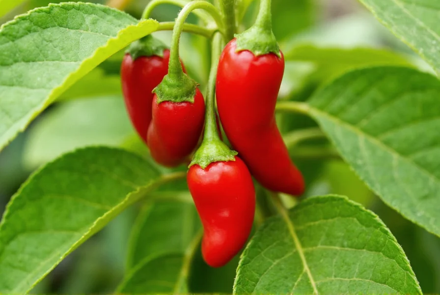 Close-up view of fresh red cayenne peppers growing on plant with green leaves
