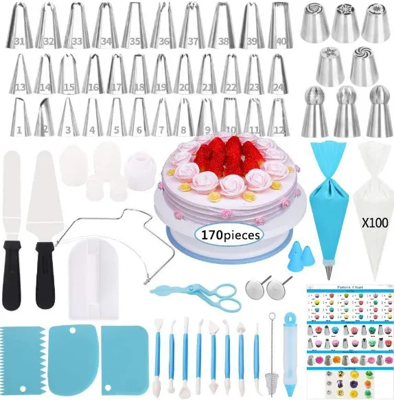 Amazon Hot Sale 170 PCS Cake Decorating Tips Set Pastry Cookie Cupcake Decorating Supplies Baking Tools Kit Piping Icing Nozzles
