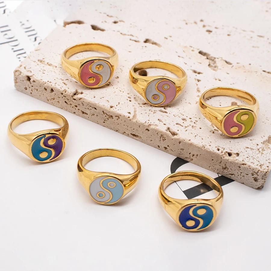 

Wholesale Multicolor Tai Chi Bagua Yin Yang Ring Waterproof Jewelry Gold Plated Stainless Steel Thick Ring