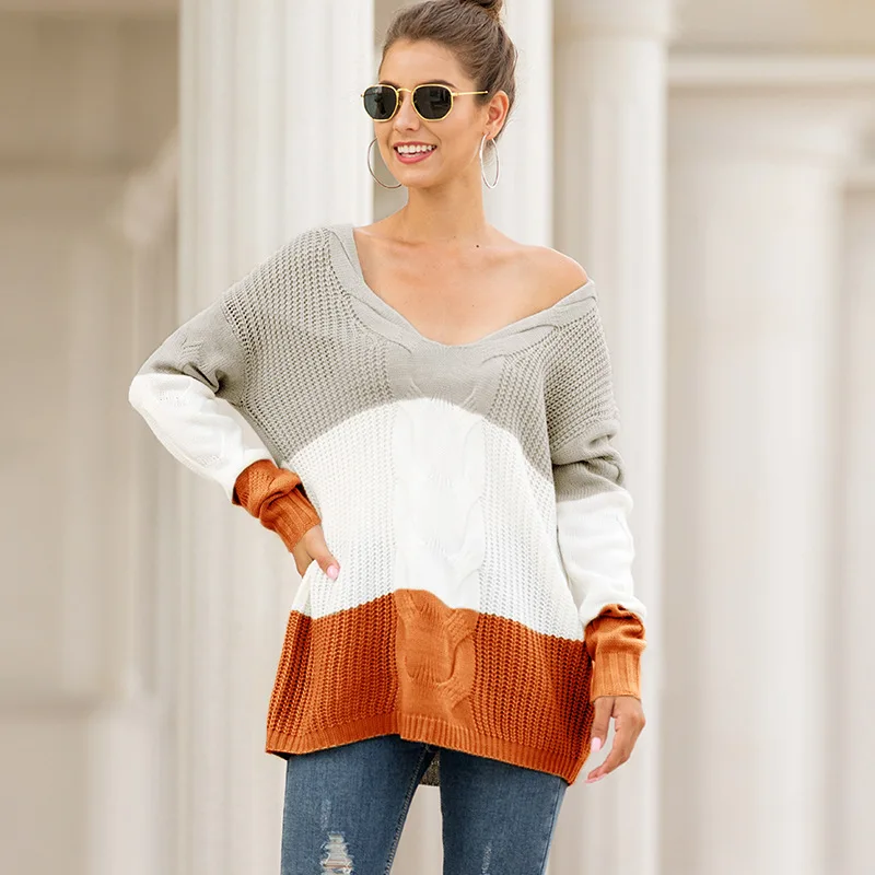 

Hot selling US market custom knitted pattern sexy backless deep V neck women's loose fit pullover sweater, Selection