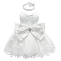 

baby christening dress puffy Flower Bow Girl Dress Party Birthday wedding princess white Girls%27 baby baptism Dresses+headband