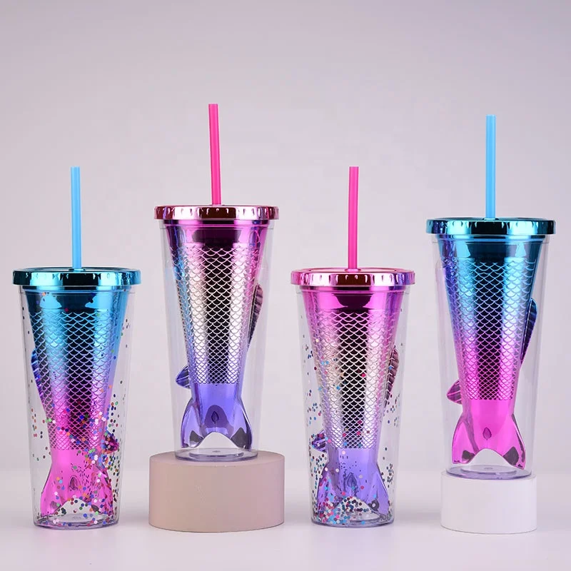 

Factory Direct Gradient Mermaid Tail Electroplating Beverage Juice Fish Tail Sequin Double Layer Plastic Drink Cup With Straw