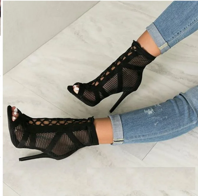 

DEleventh Shoes Woman Fashion Cross Strap Stiletto High Heel New Design Brand 2020 Mesh Suede Peep-Toe Summer Party Sandal Black