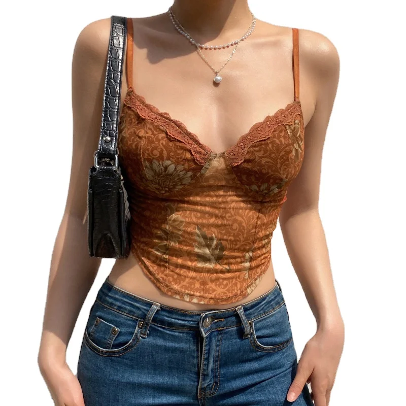

2021 New Summer Women Clothing Retro Mesh Lace Floral Print Halter Top Sexy Causal T-shirt