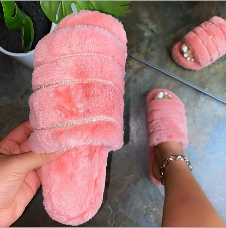 

Fashion Woman 2019 Chanclas pink rhinestone slippers flat indoor personalized fur slippers