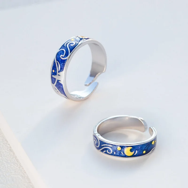 

Korean Fashion Elegant Jewelry Kinling 925 Sterling Silver Van Gogh Star Couple Ring, Multicolor