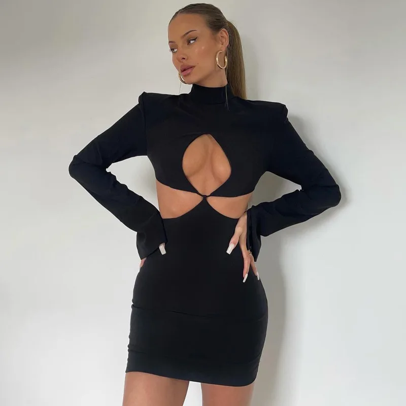 

2022 Autumn Winter Mini Dress Solid Hollow Out Long Sleeve Turtleneck Bodycon Streetwear Casual Fashion Women Clothes