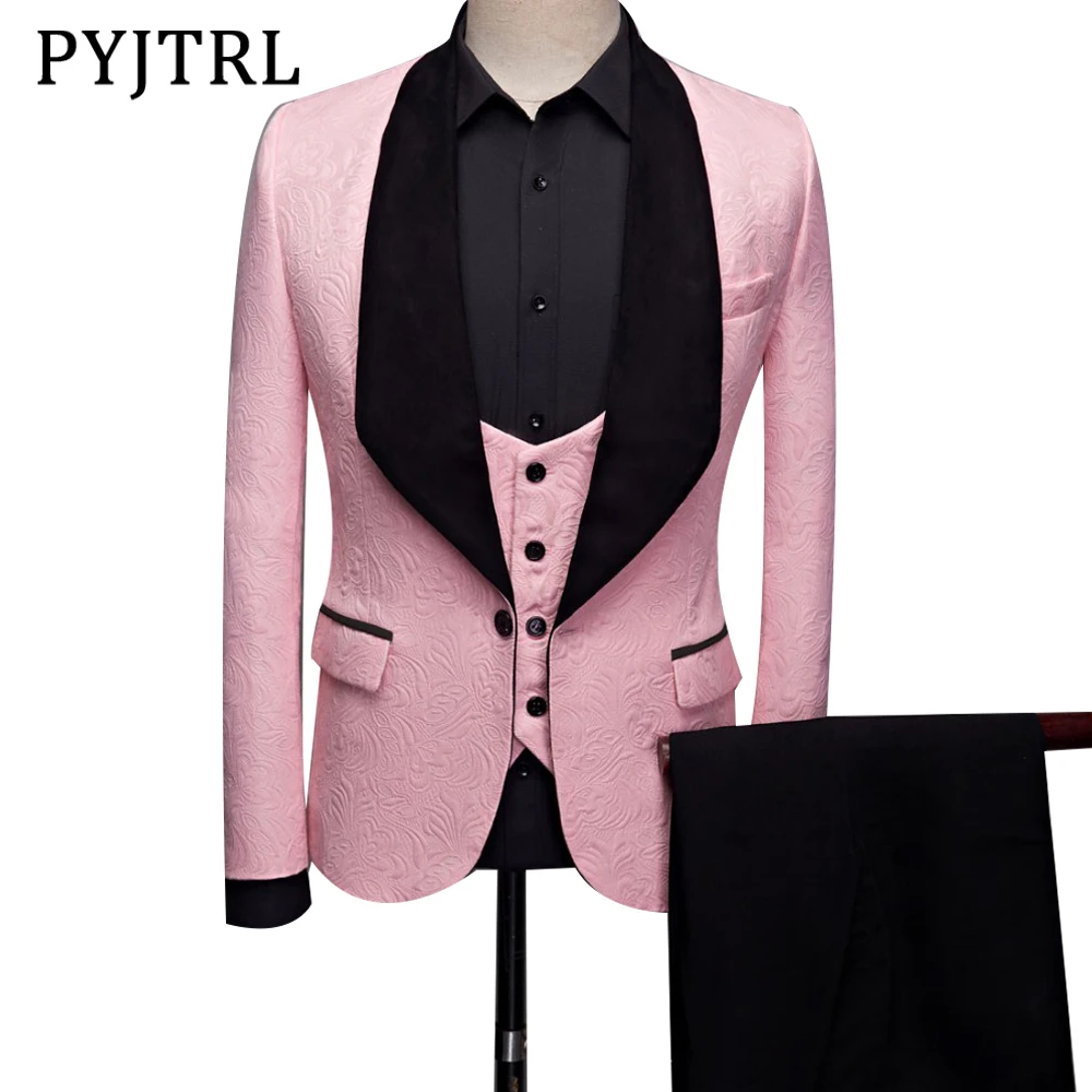 

PYJTRL Mens Fashion Big Shawl Lapel 3 Pieces Set Pink Red Blue White Black Wedding Groom Suits Quality Jacquard Banquet Tuxedo