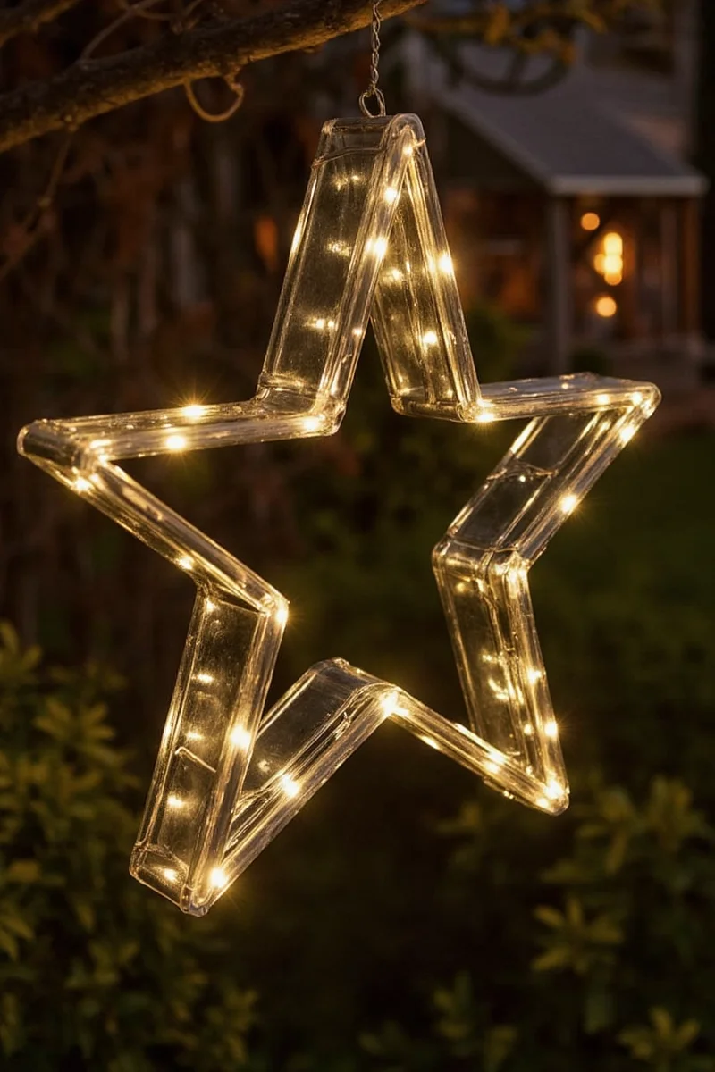 Patio umbrella decorated with hanging star lights