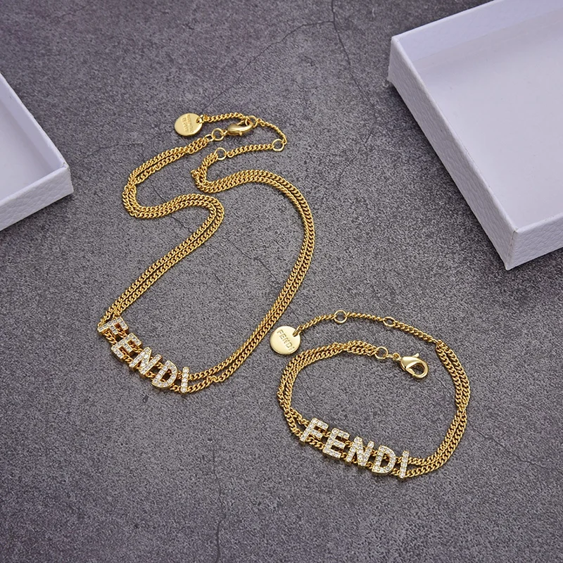 

HAOY FEND Letters Chain Necklace Double Plated Name Necklace Gold Bracelet Women Jewelry Set