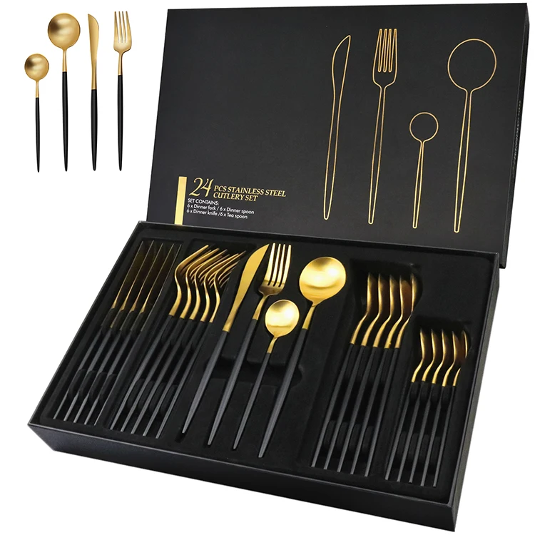 

Royal sanding finish black gold flatware dinner knife fork spoon set golden wedding luxury stainless steel cutlery with gift box, Black gold cutlery set