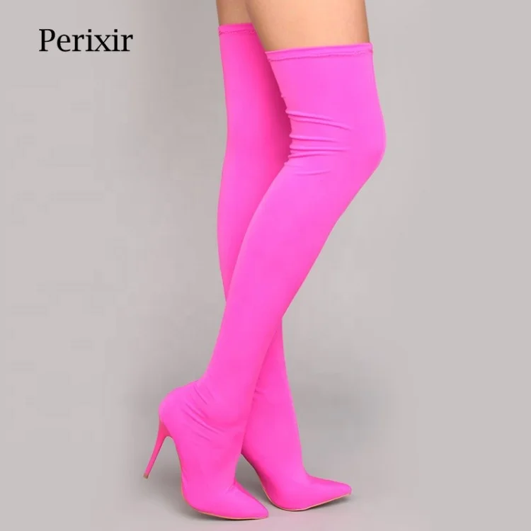 

handmade high quality neon pink elastic stretch sock stiletto thigh high boots, Neon pink/light grren/orange