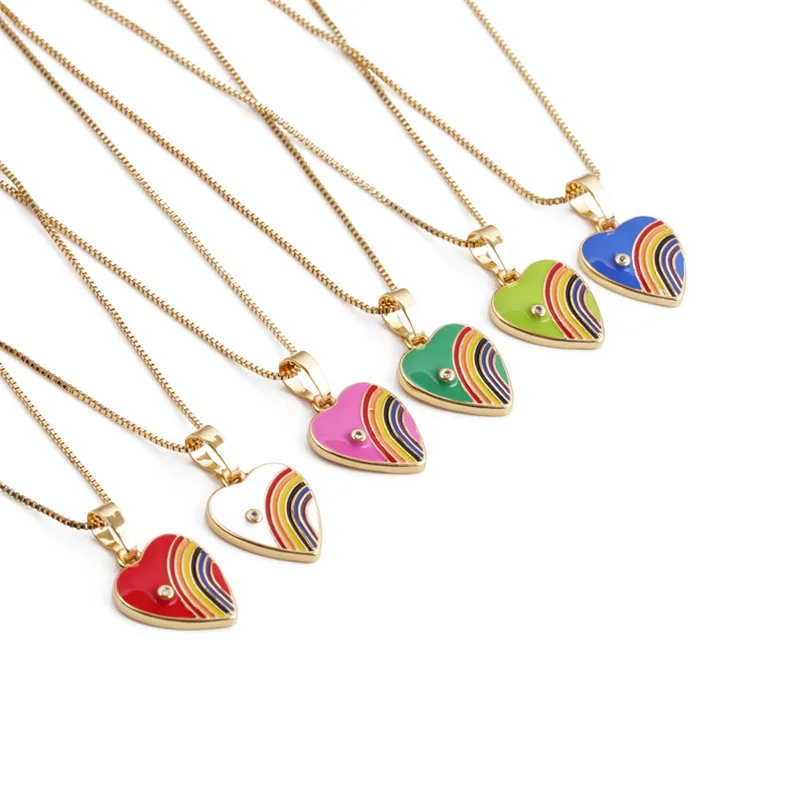 

GT Gold Plated Jewelry Women Girls Gift Rainbow Heart Shape Pendant Clavicle Chain Necklace with Clear Crystal, As picture