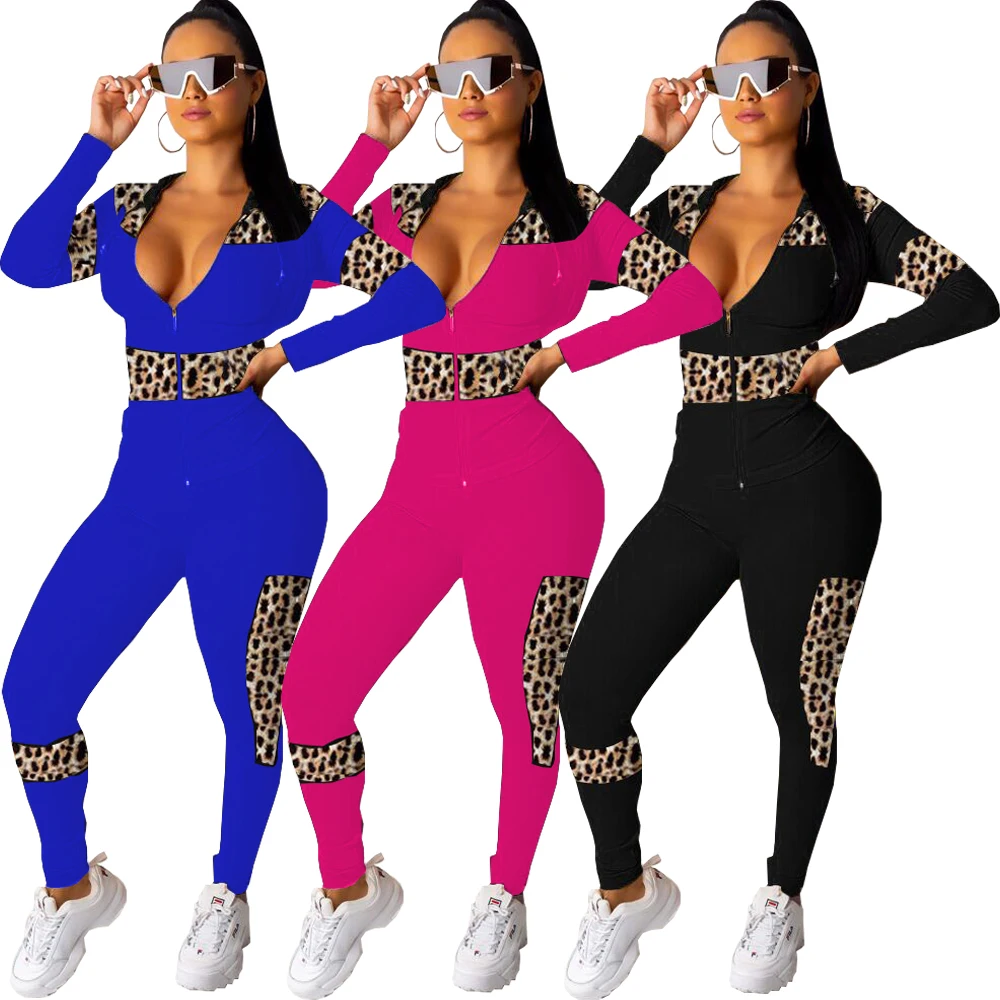

clothing two piece set long sleeve leopard patchwork track suit women bodycon pants FM-HG5289