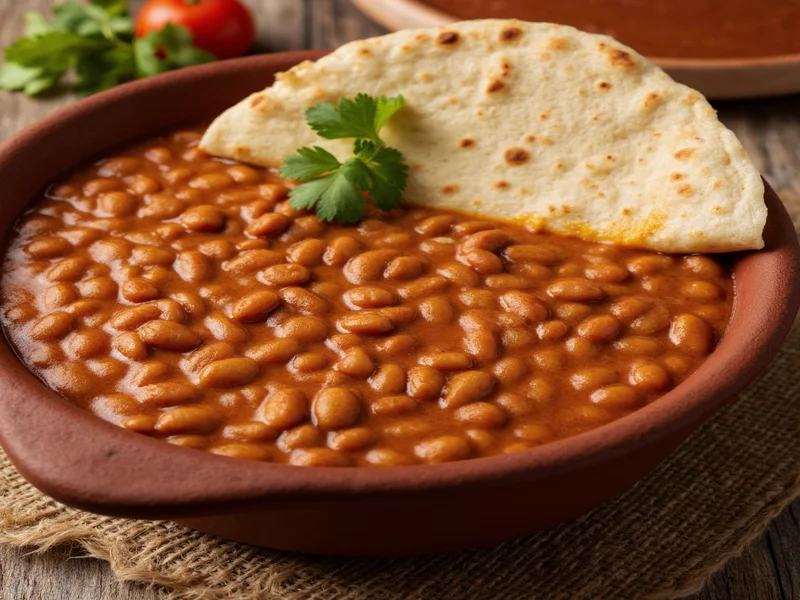Homemade refried beans in clay pot with tortilla