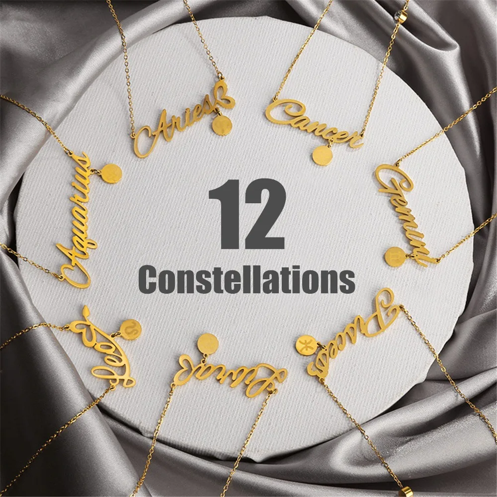 

Hotsale Stainless Steel 12 Zodiac Signs Letter Charm Necklace Gold Filled ConStellatinons Coins Pendants Collar Necklace, Picture shows